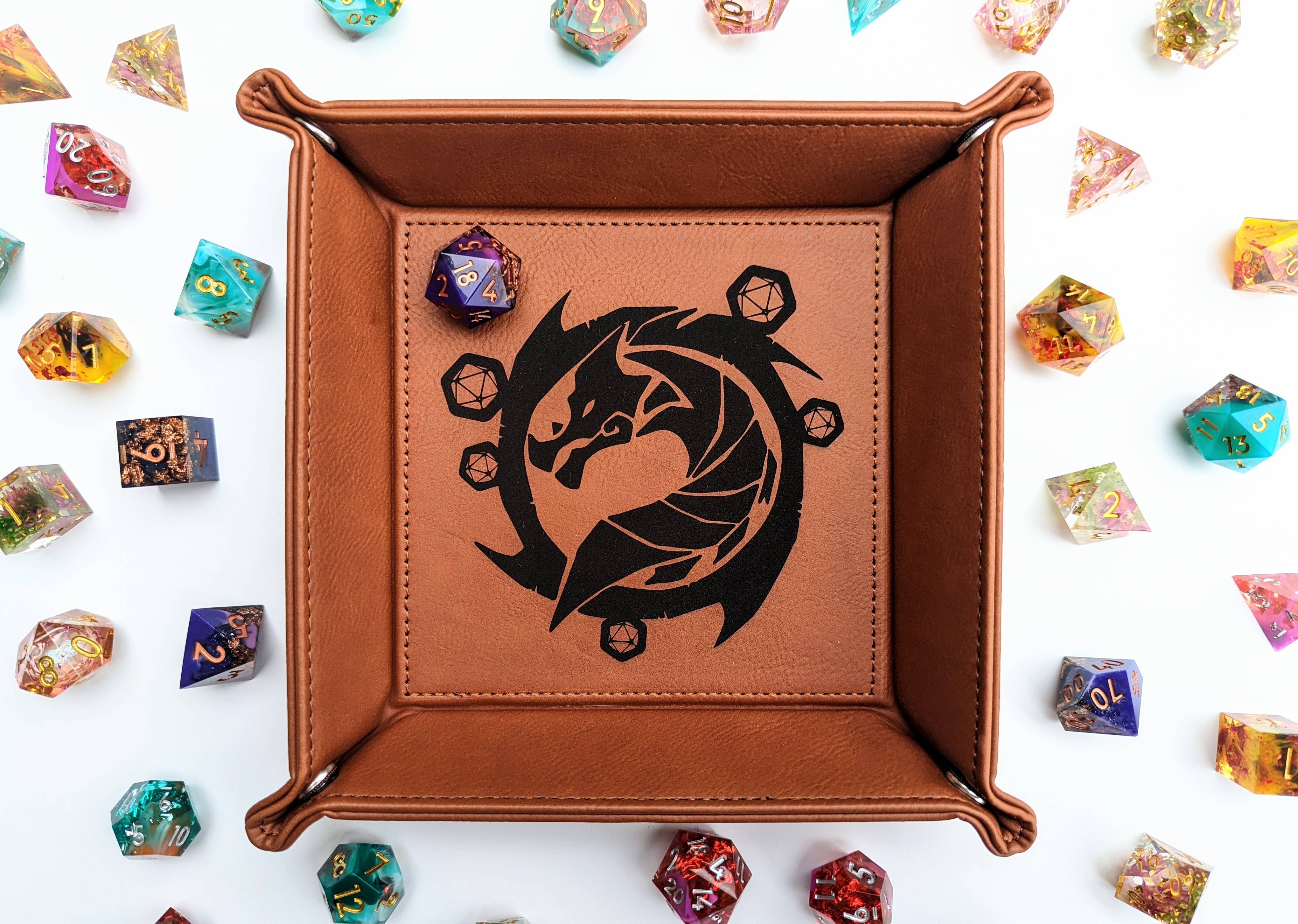 The Waiting Wyvern - Vegan Leather Dice Rolling Tray: Chestnut - Bards & Cards