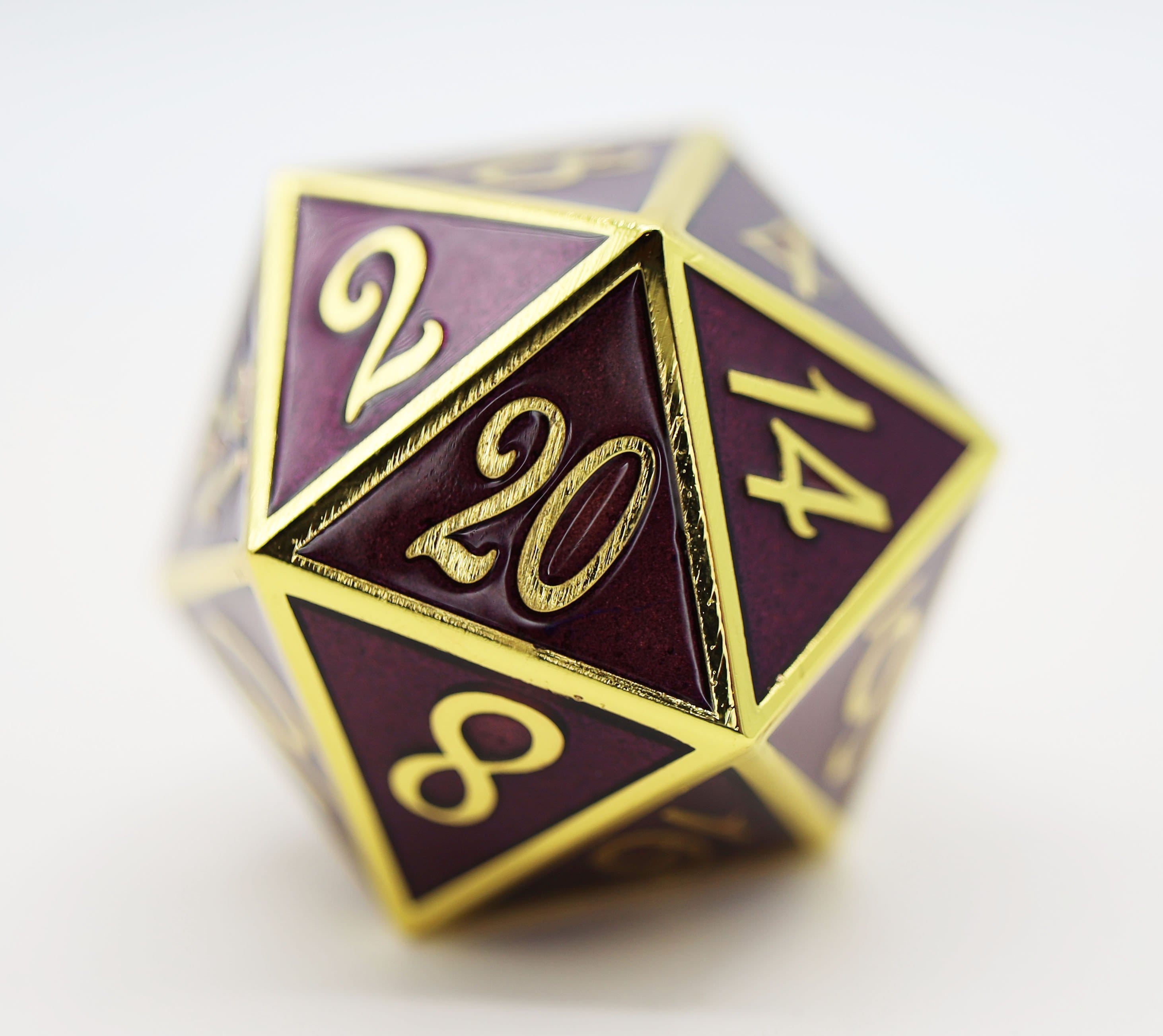 35mm Metal D20 - Gold with Amethyst - Bards & Cards