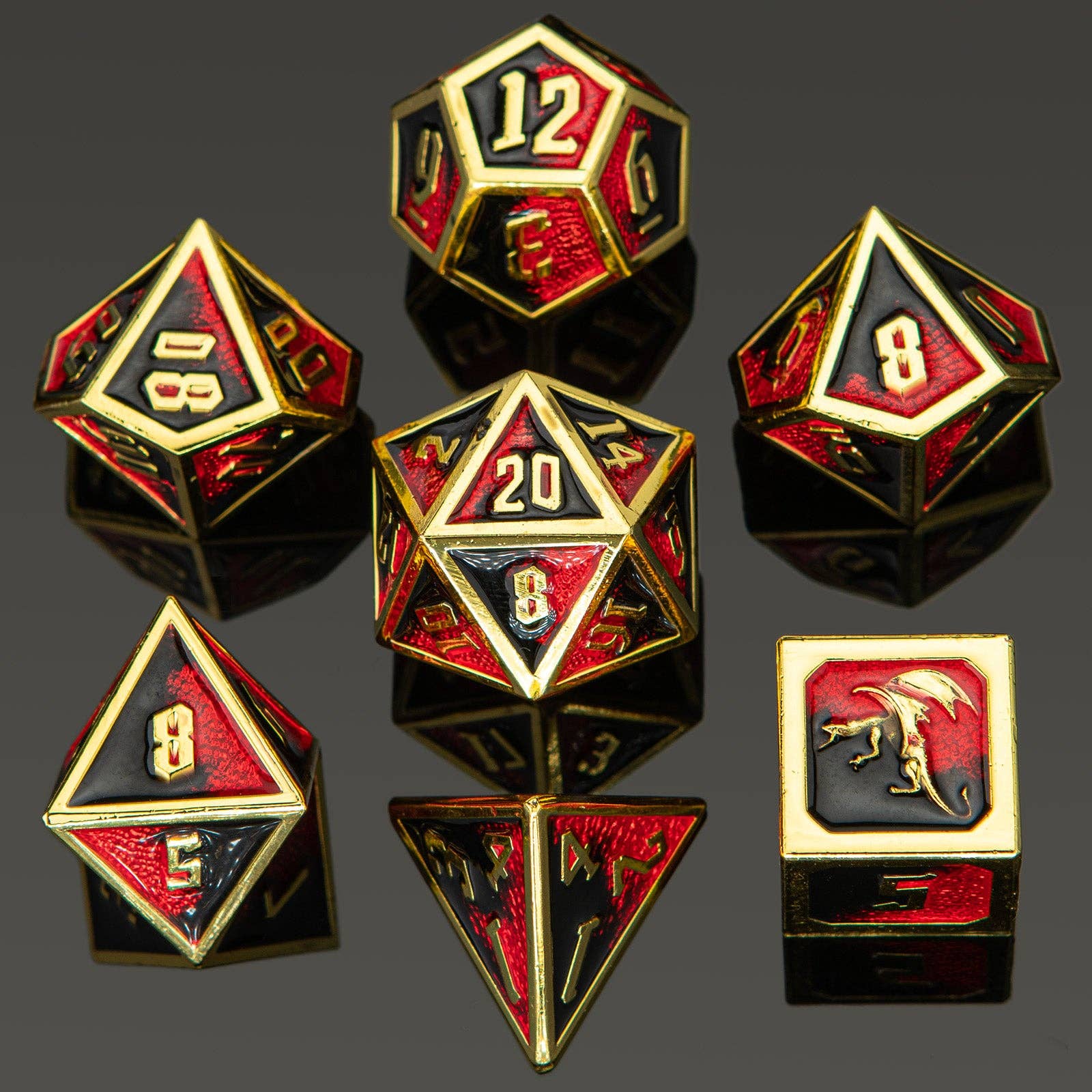 Draconis Solid Metal Polyhedral Dice set - Gold, Red & Black - Bards & Cards