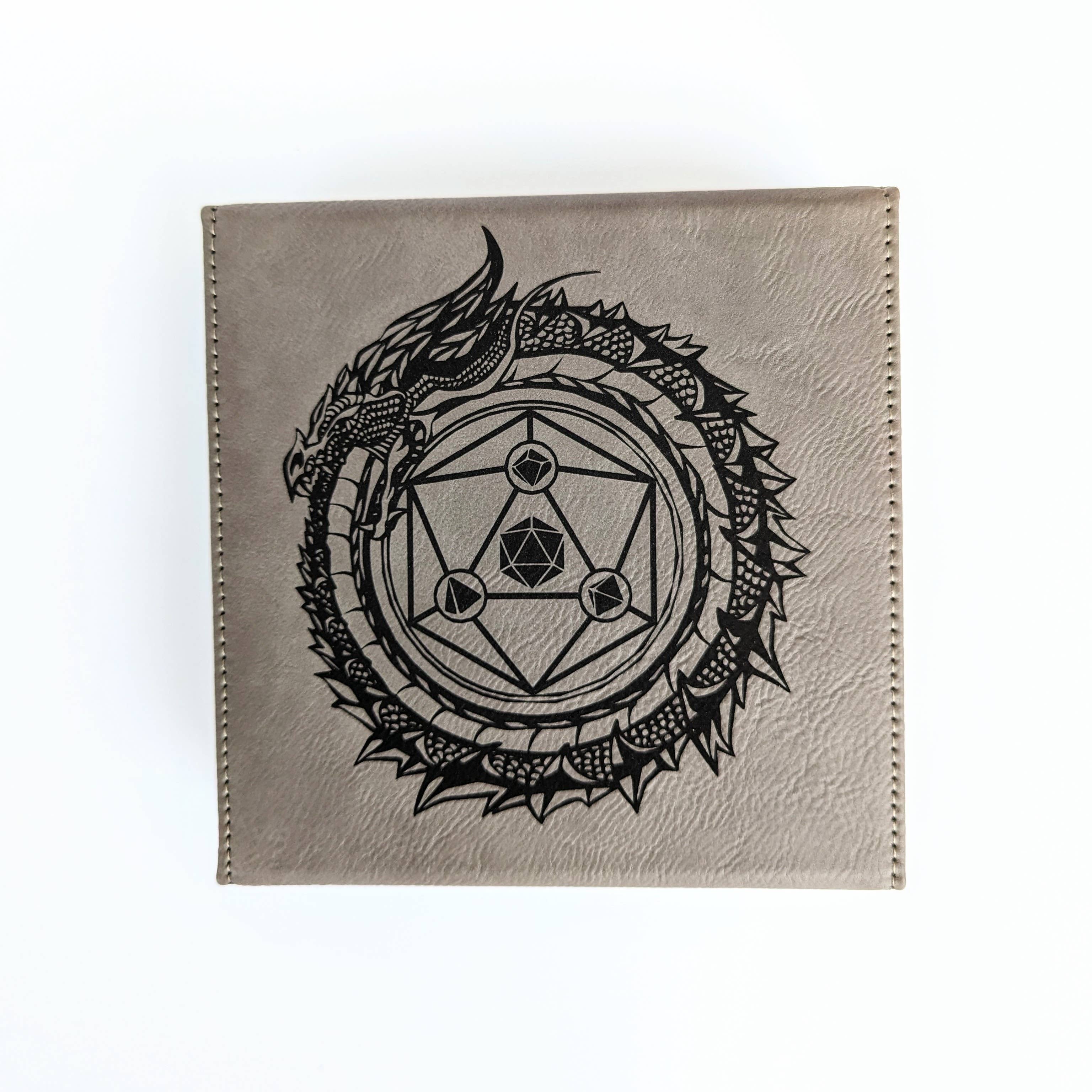 Dragon Circle  - D&D - Vegan Leather Dice Box: Grey - Bards & Cards