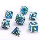 Solid Metal Mini Behemoth Dice set - Silver with Green Blue - Bards & Cards