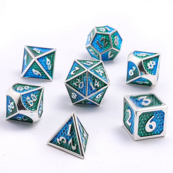 Solid Metal Mini Behemoth Dice set - Silver with Green Blue - Bards & Cards