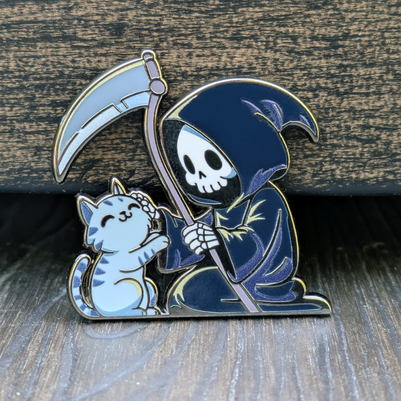 Grim Reaper Petting Cat Hard Enamel Pin - Bards & Cards