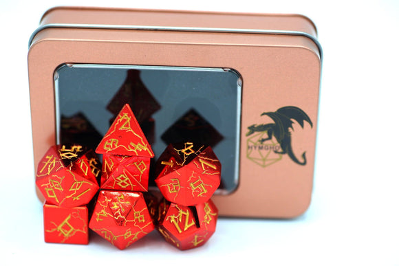 Red Chrome with Gold Solid Metal Barbarian Dice Set - Bards & Cards