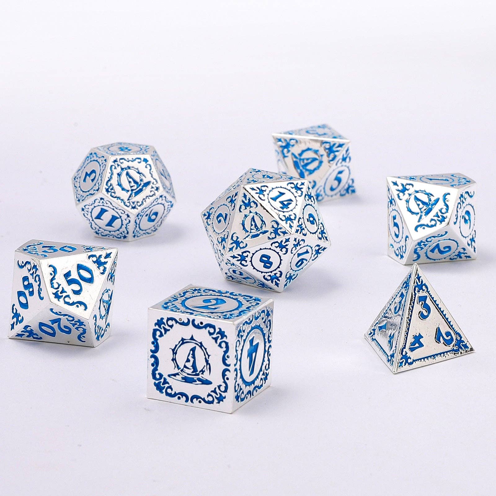 Wizard Solid Metal Polyhedral Dice Set - Silver with Blue