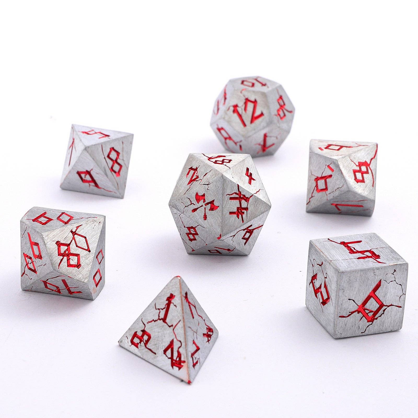 Barbarian Solid Metal Polyhedral Dice Set - Matte Silver Red - Bards & Cards