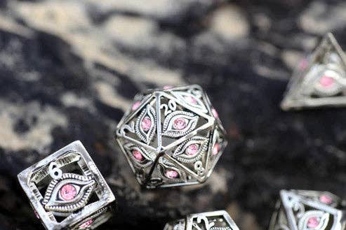 Dragon's Eye Hollow Metal Dice Set - Pink Gems - Bards & Cards