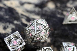 Dragon's Eye Hollow Metal Dice Set - Pink Gems - Bards & Cards