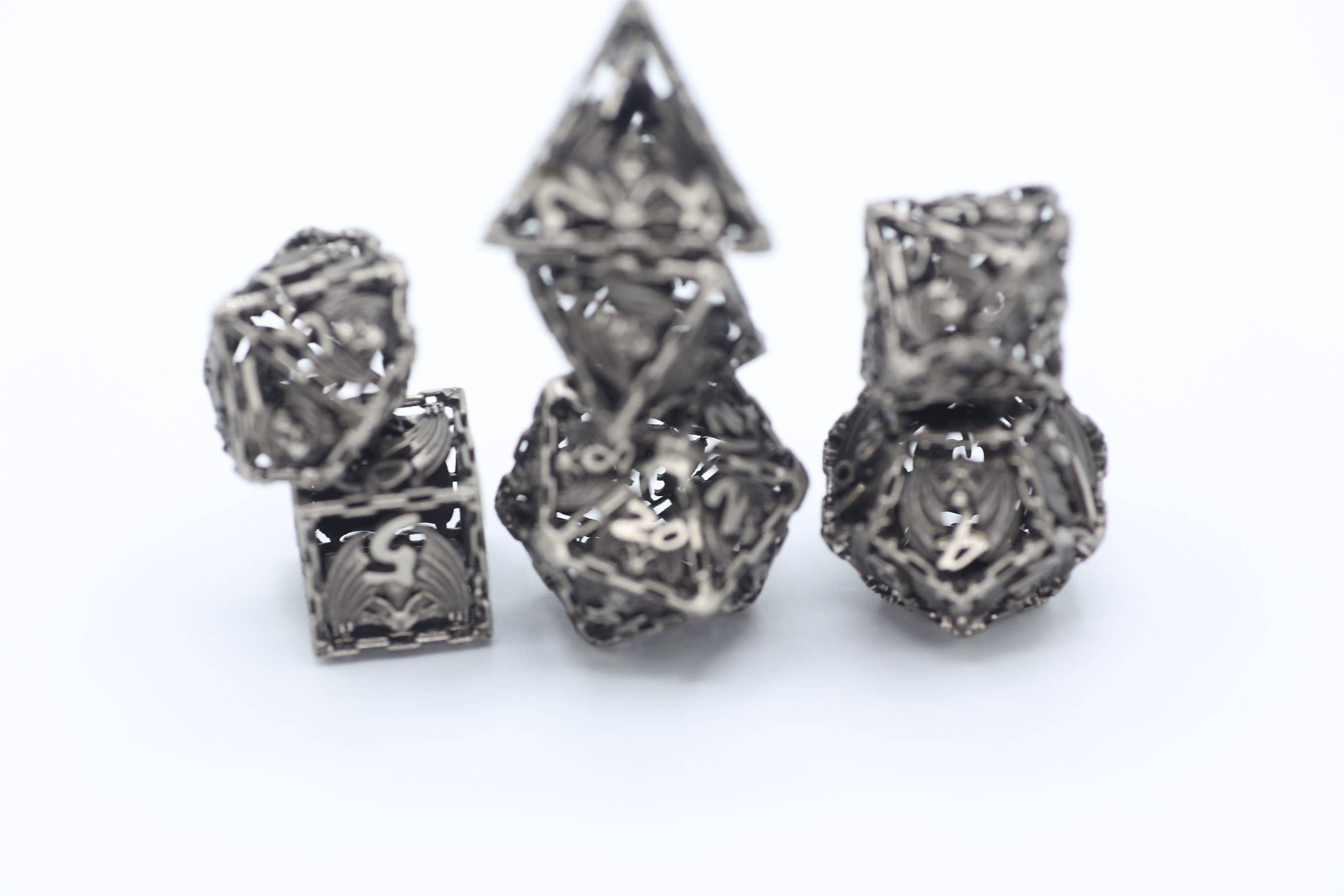 Ancient Silver Hollow Metal Bat Polyhedral Dice Set - Bards & Cards