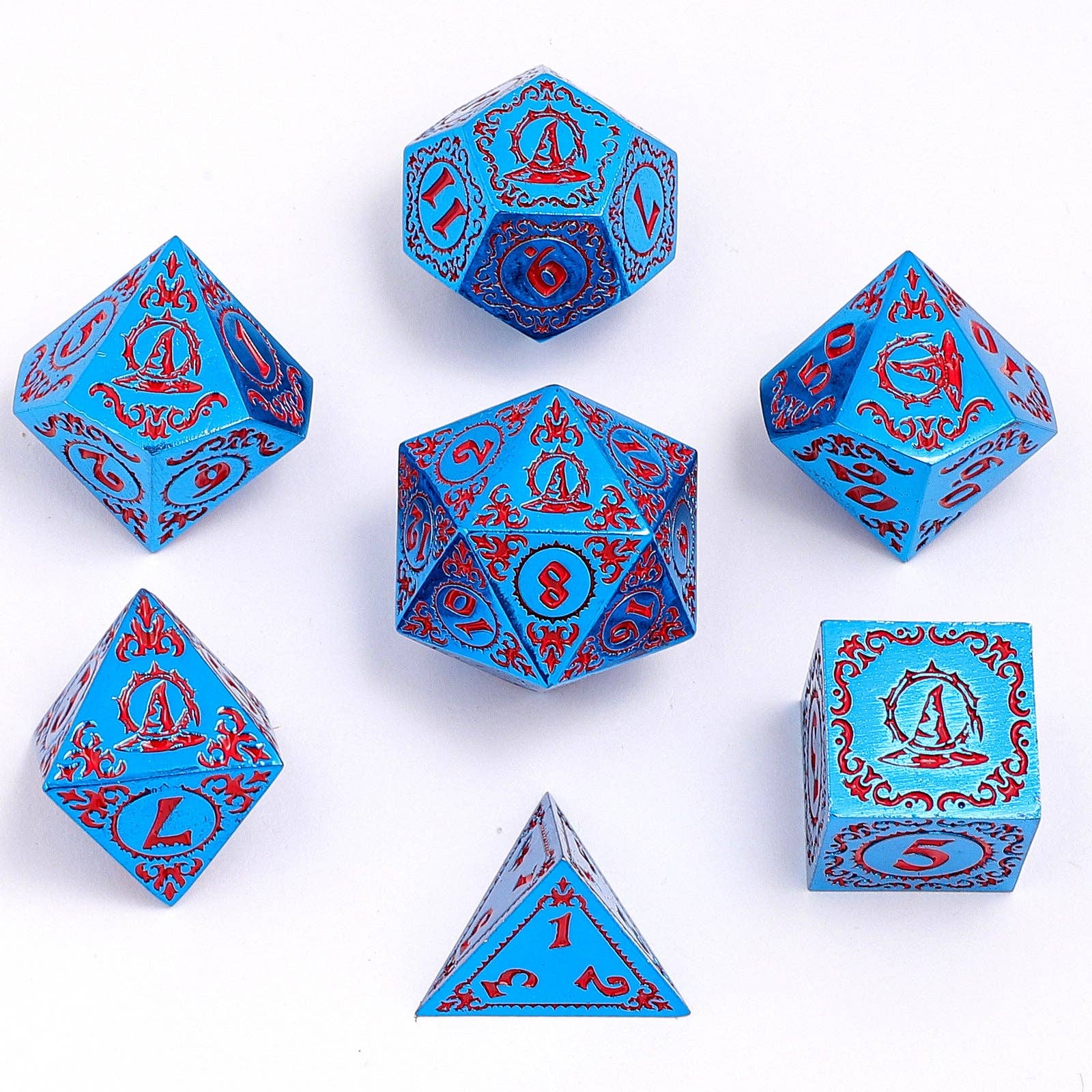 Wizard Solid Metal Polyhedral Dice Set - Blue with Red