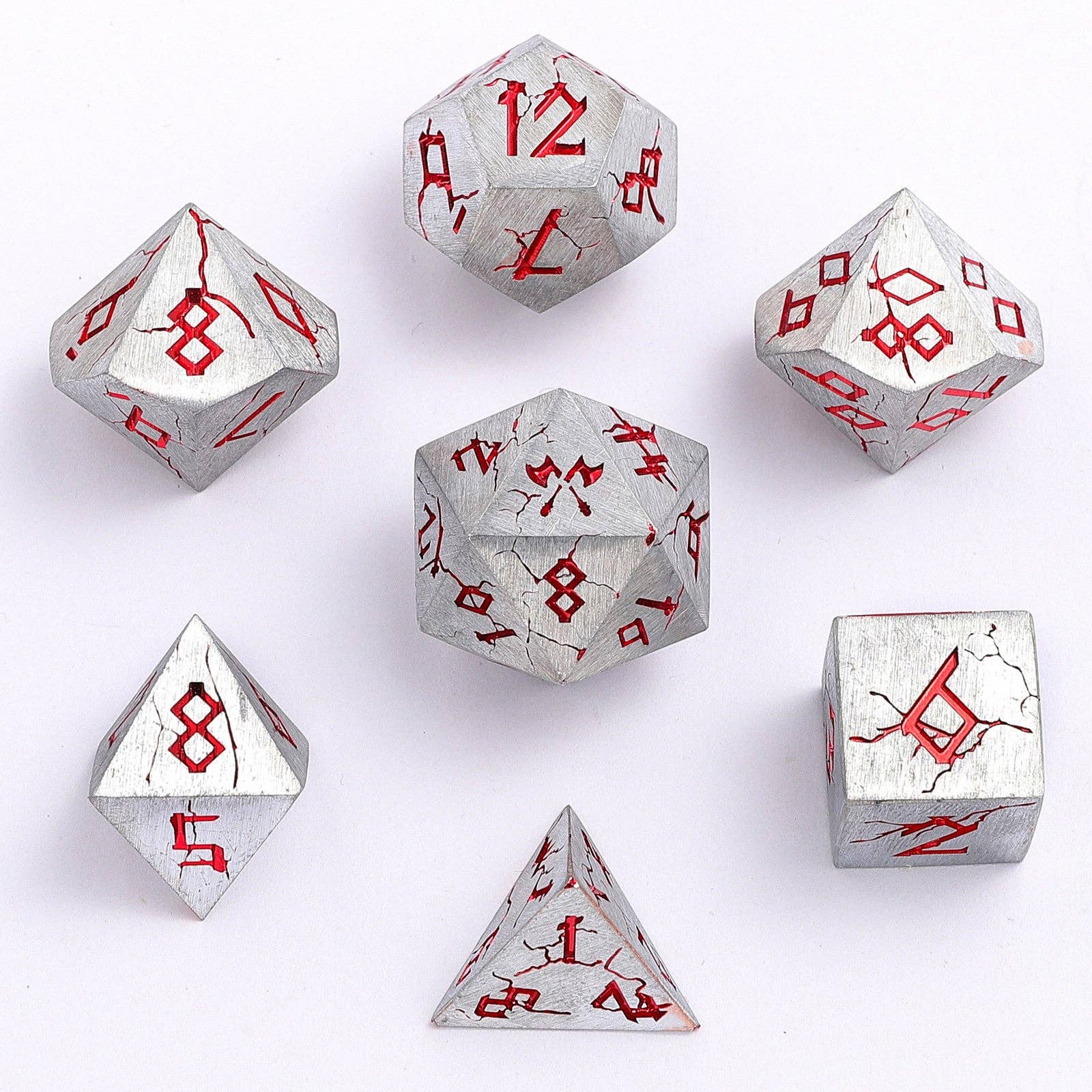 Barbarian Solid Metal Polyhedral Dice Set - Matte Silver Red - Bards & Cards