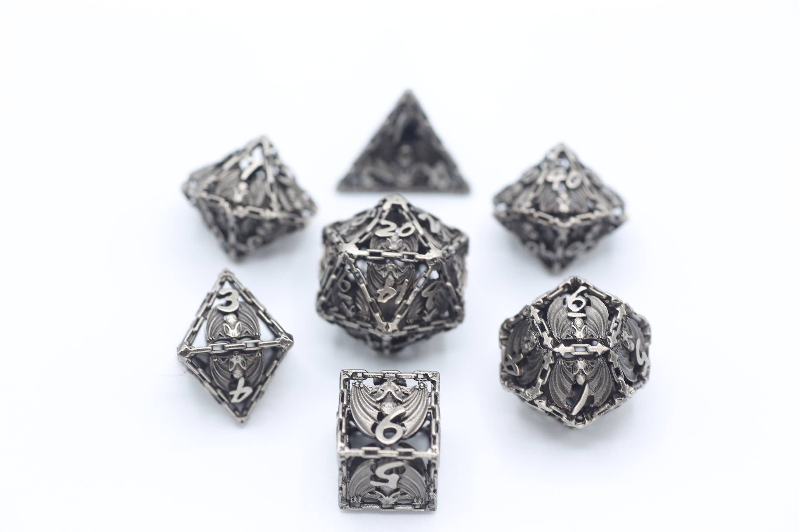 Ancient Silver Hollow Metal Bat Polyhedral Dice Set - Bards & Cards