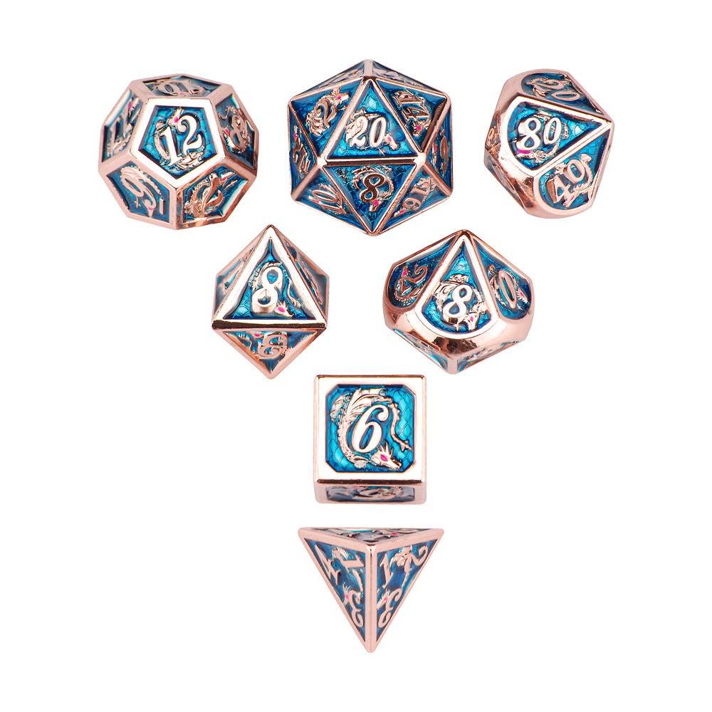 Copper with Light Blue Solid Metal Dragon Dice set - Bards & Cards