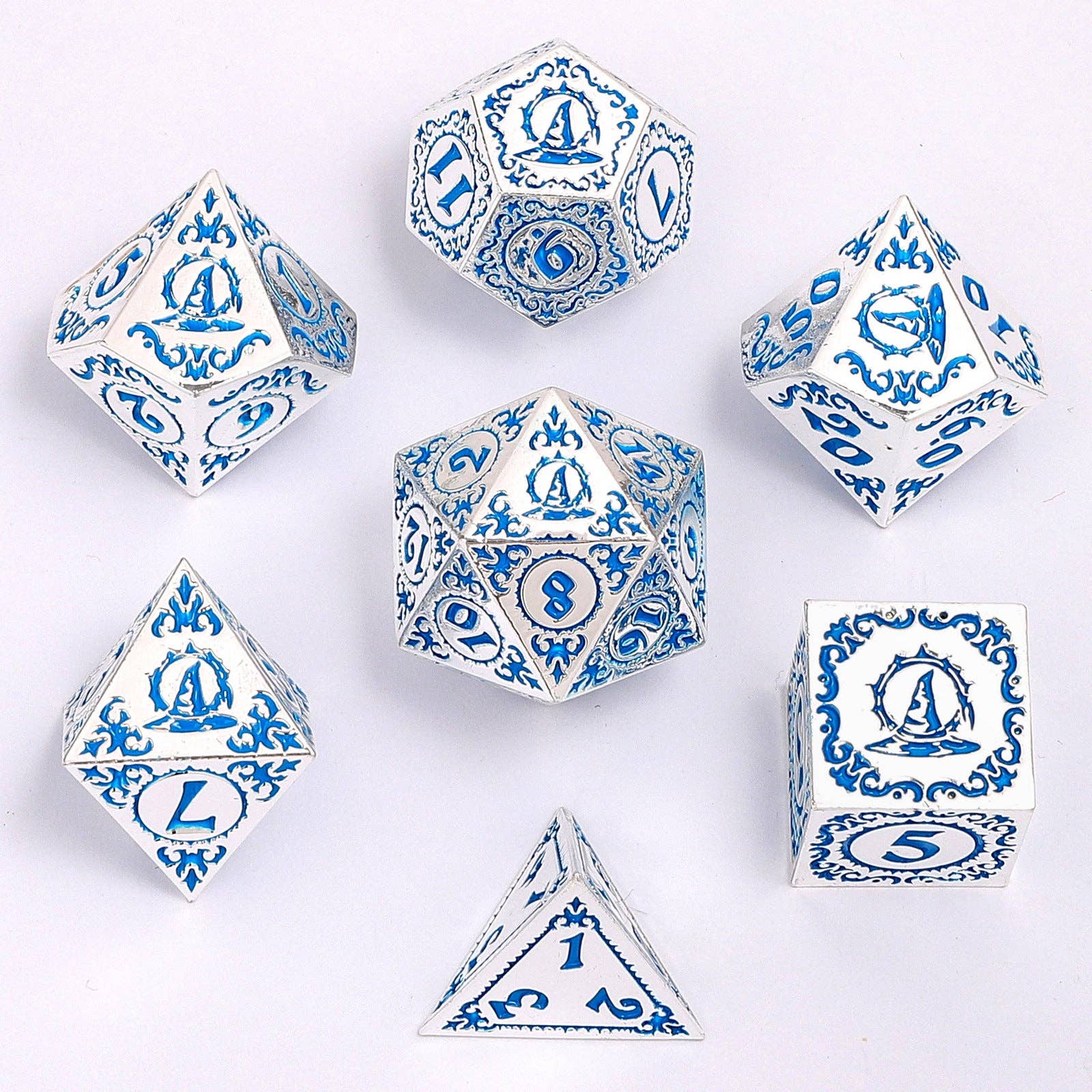 Wizard Solid Metal Polyhedral Dice Set - Silver with Blue