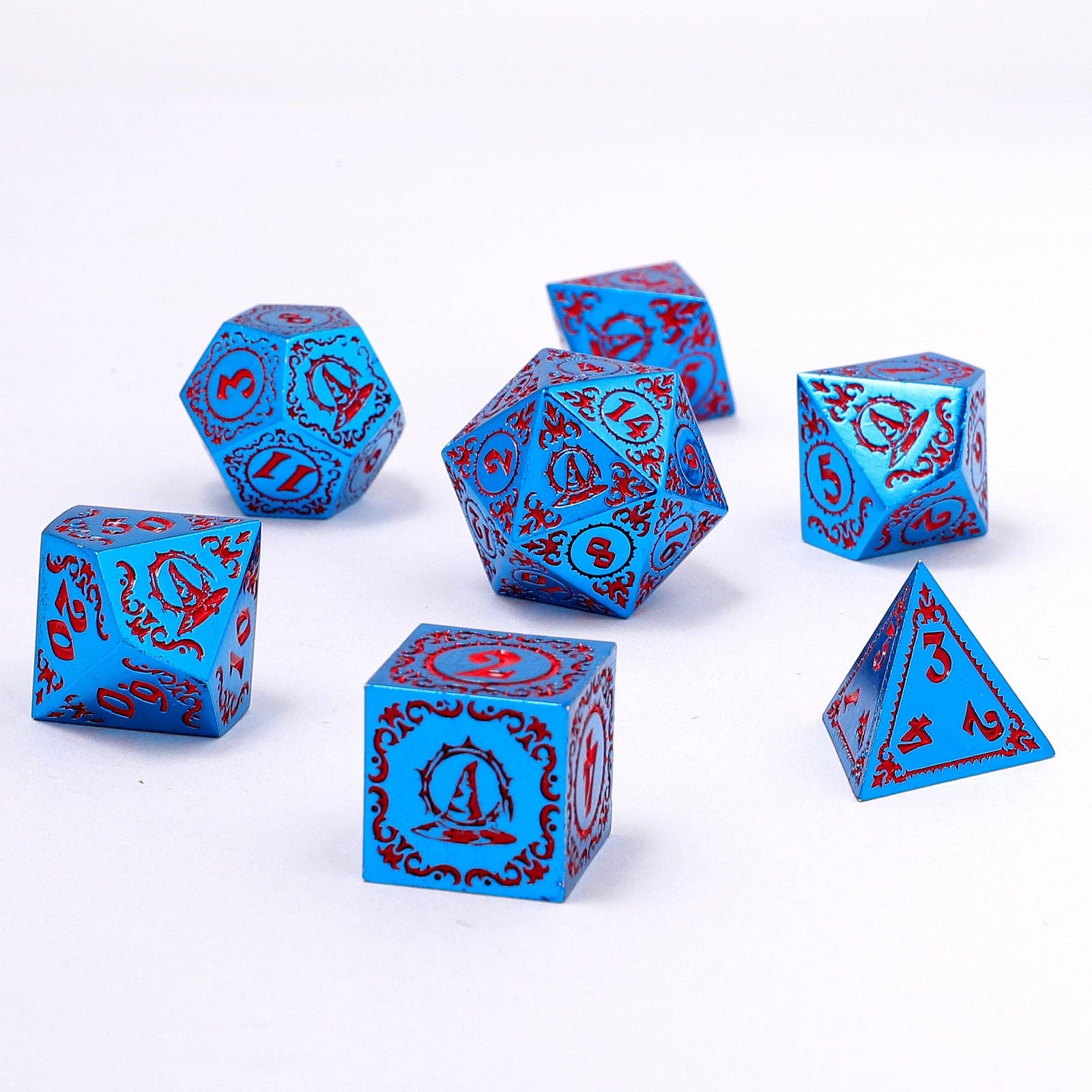 Wizard Solid Metal Polyhedral Dice Set - Blue with Red - 0