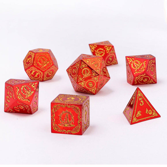 Wizard Solid Metal Polyhedral Dice Set - Red with Gold - Bards & Cards