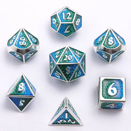 Solid Metal Mini Behemoth Dice set - Silver with Green Blue - Bards & Cards