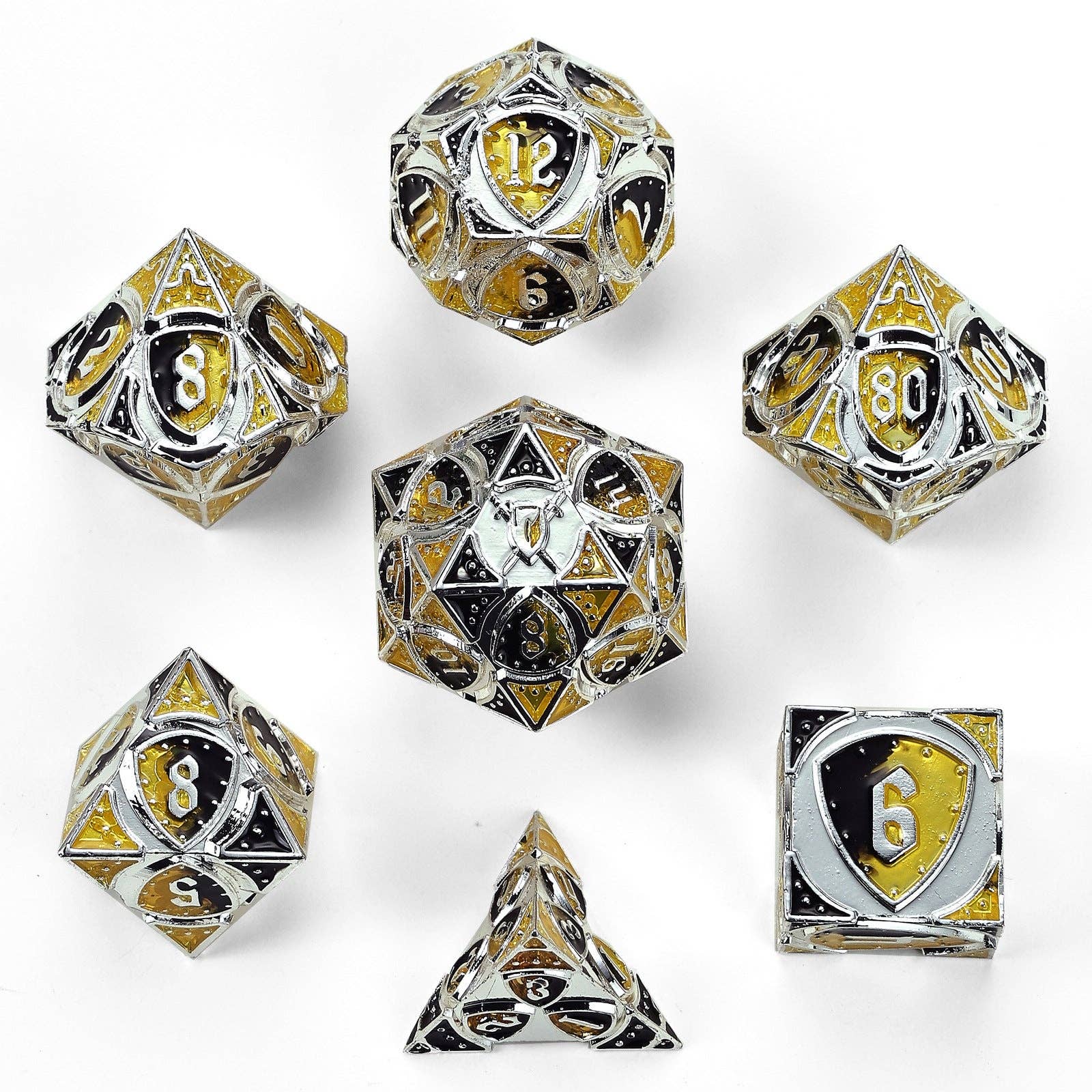 Solid Metal Fighter Class RPG Dice Set - Silver/Yellow/Black