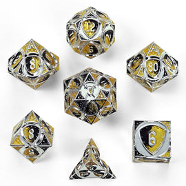 Solid Metal Fighter Class RPG Dice Set - Silver/Yellow/Black - Bards & Cards