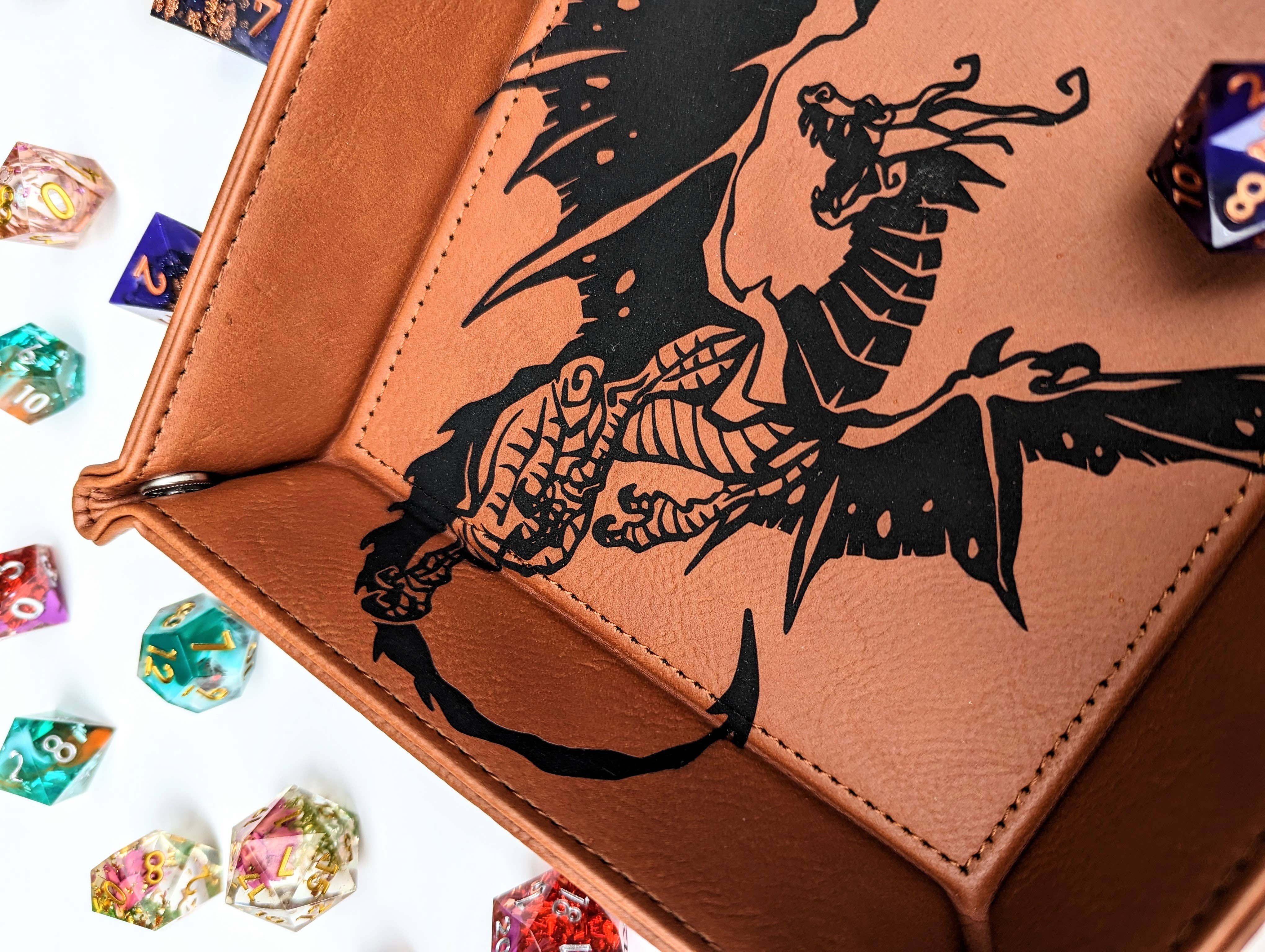 Spawn of Tiamat - D&D Vegan Leather Dice Rolling Tray: Chestnut - Bards & Cards