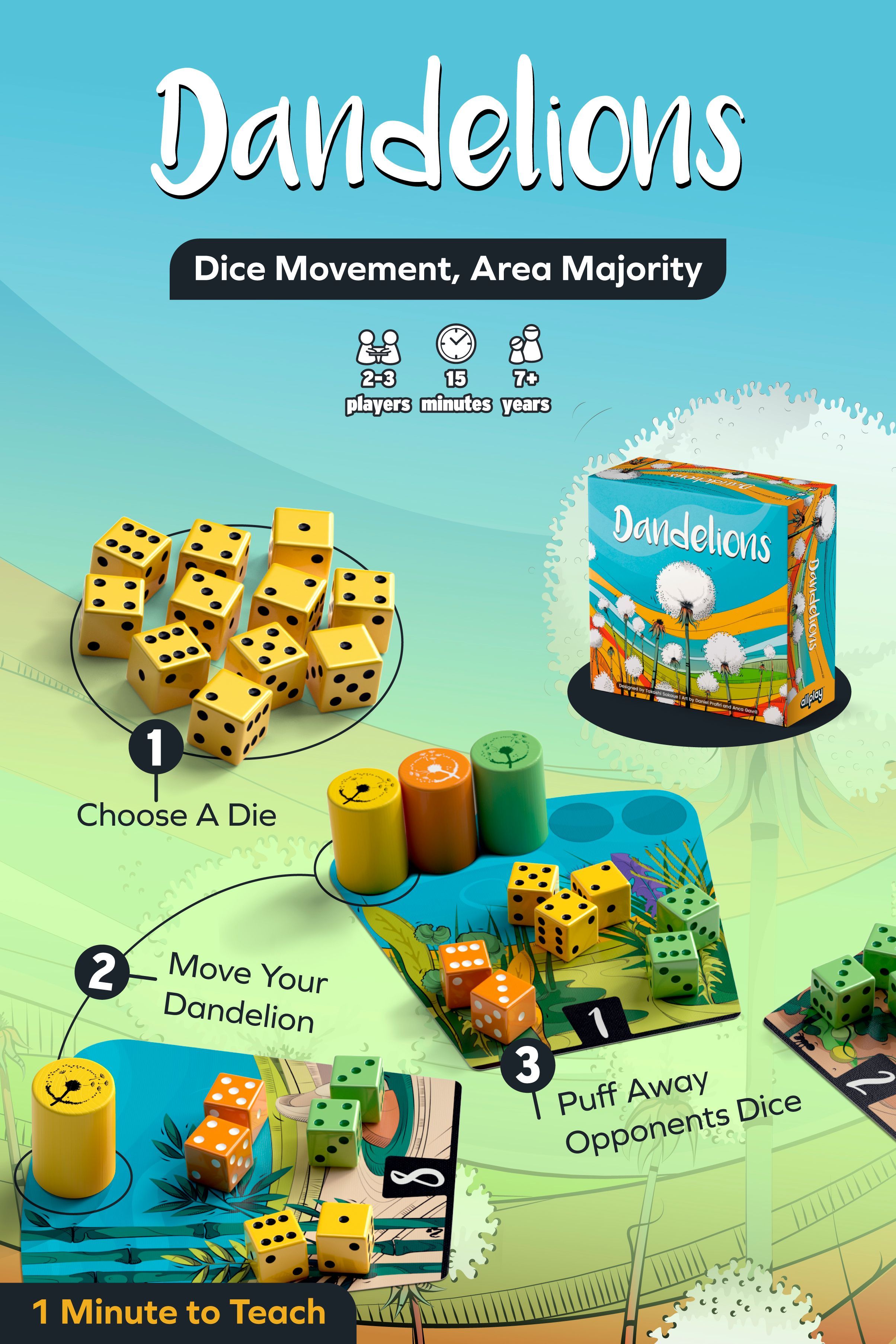 Dandelions - Board Game - Roll-and-Move - Area Majority - 2-3 Players - 15 Minutes Play Time Dandelions - Board Game - Roll-and-Move - Area Majority - 2-3 Players - 15 Minutes Play Time