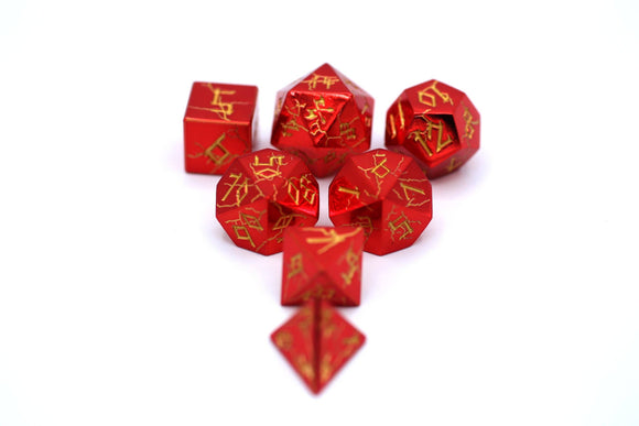 Red Chrome with Gold Solid Metal Barbarian Dice Set - Bards & Cards