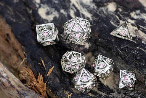 Dragon's Eye Hollow Metal Dice Set - Pink Gems - Bards & Cards