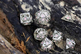 Dragon's Eye Hollow Metal Dice Set - Pink Gems - Bards & Cards