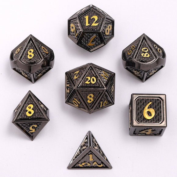 Solid Metal Behemoth Dice set - Gunmetal with Gold - Bards & Cards