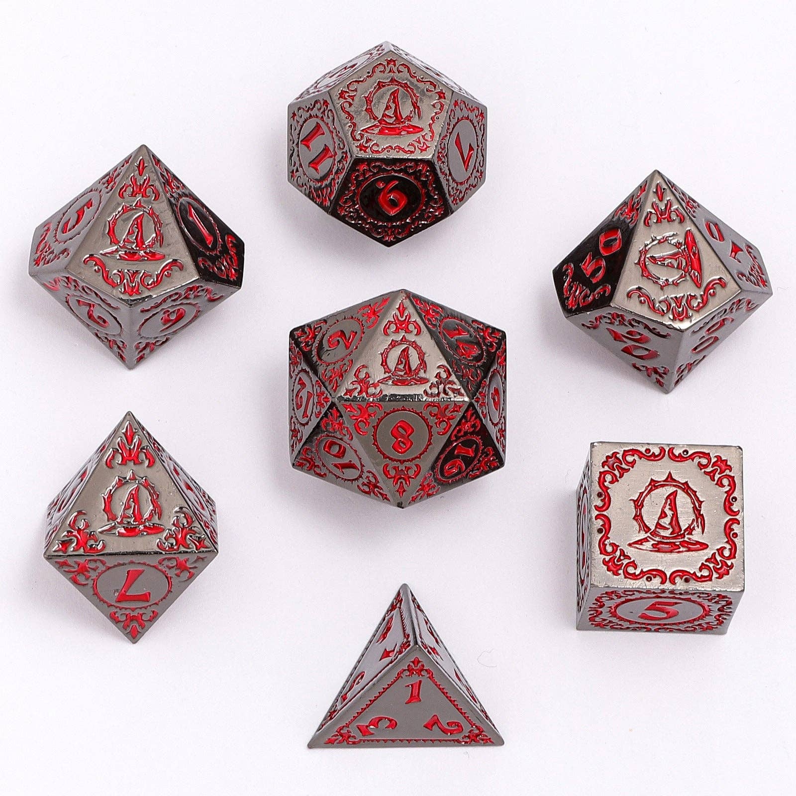 Wizard Solid Metal Polyhedral Dice Set - Gunmetal with Blood