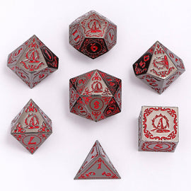 Wizard Solid Metal Polyhedral Dice Set - Gunmetal with Blood - Bards & Cards