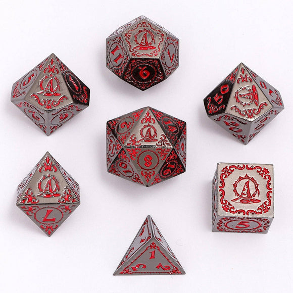 Wizard Solid Metal Polyhedral Dice Set - Gunmetal with Blood - Bards & Cards
