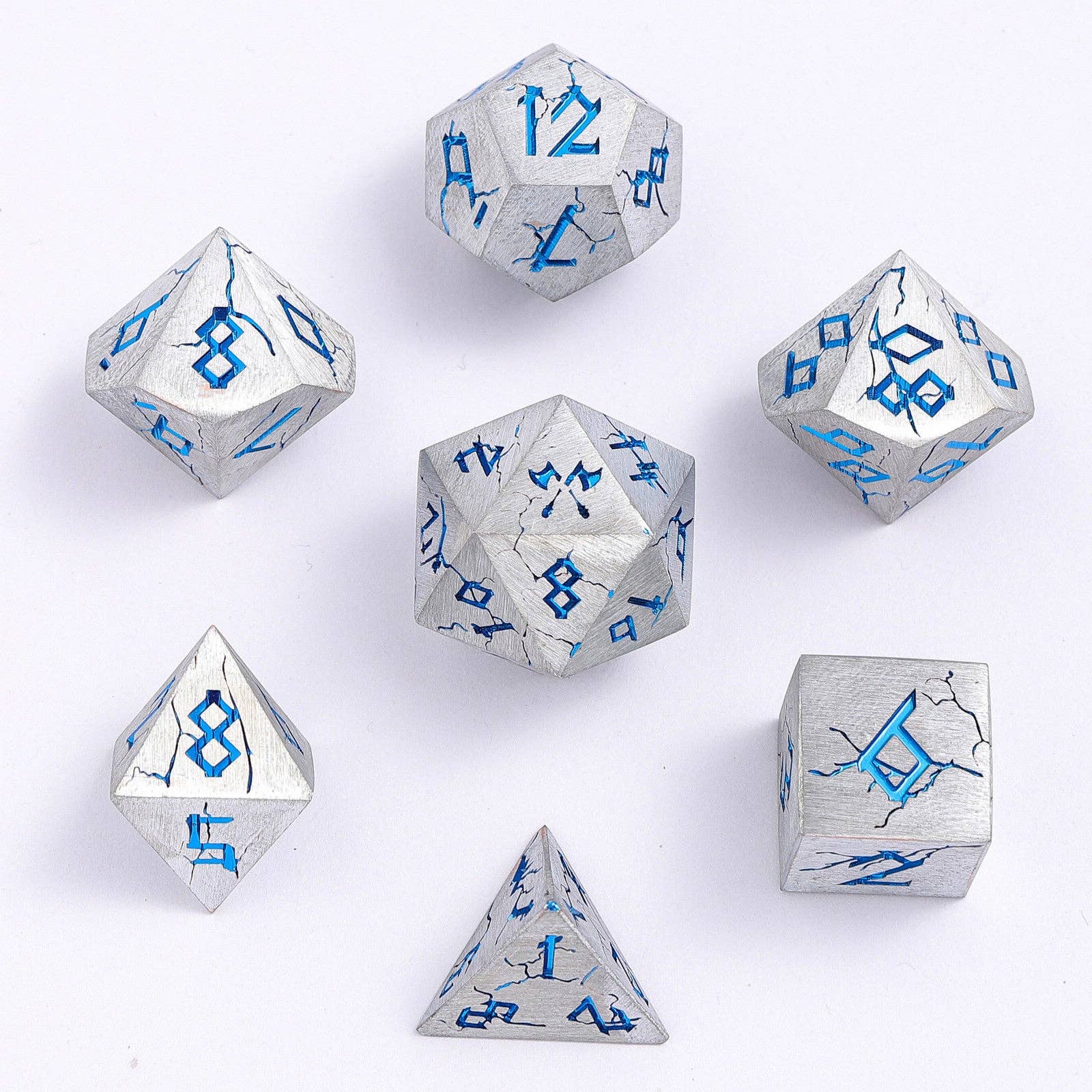 Barbarian Solid Metal Polyhedral Dice Set - Matte Silver Blue - Bards & Cards