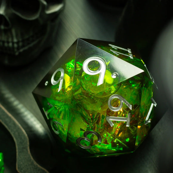 Massive Green Liquid Core 95MM Chonk Handmade Resin Dice And Box - Bards & Cards