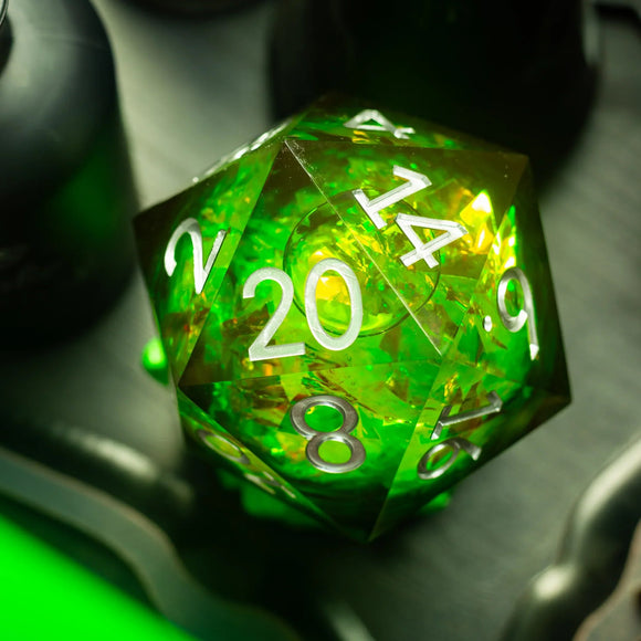 Massive Green Liquid Core 95MM Chonk Handmade Resin Dice And Box - Bards & Cards