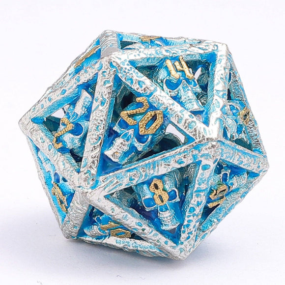 Skull's Grin Hollow Metal Dice Set - Glow in the Dark Blue - Bards & Cards