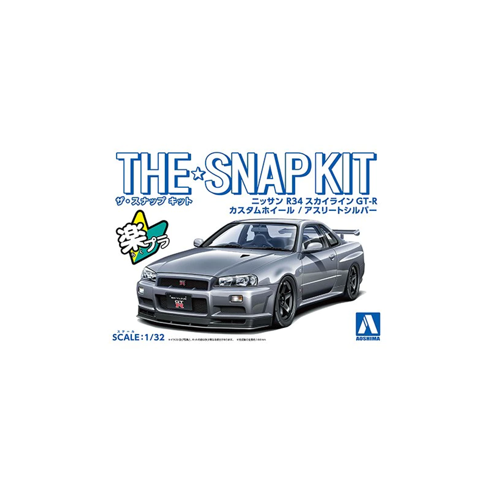 Aoshima: 1/32 The Snap Kit Nissan R34 Skyline GT-R Custom Wheel (Athlete Silver) Scale Model Kit #11-SP4 - Bards & Cards
