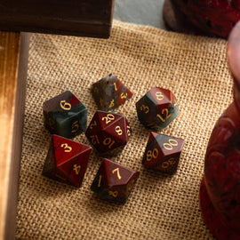 African Bloodstone Hand Carved Gemstone DND Dice Set - Bards & Cards