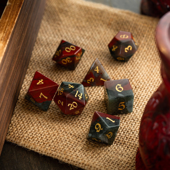 African Bloodstone Hand Carved Gemstone DND Dice Set - Bards & Cards