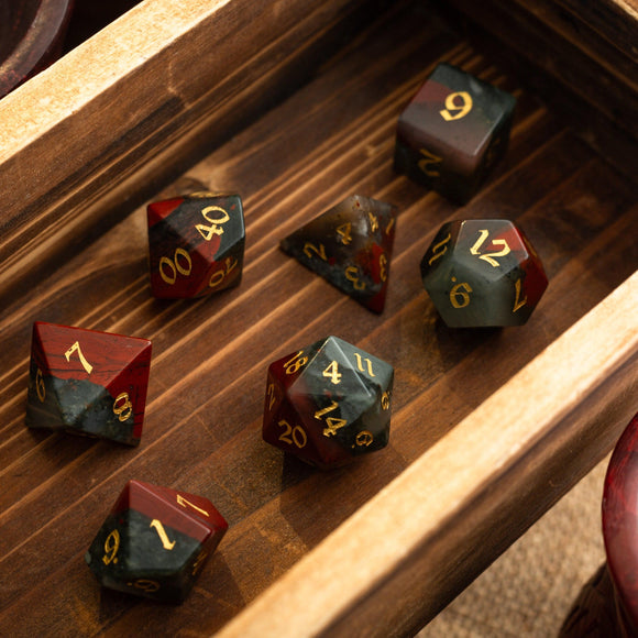 African Bloodstone Hand Carved Gemstone DND Dice Set - Bards & Cards