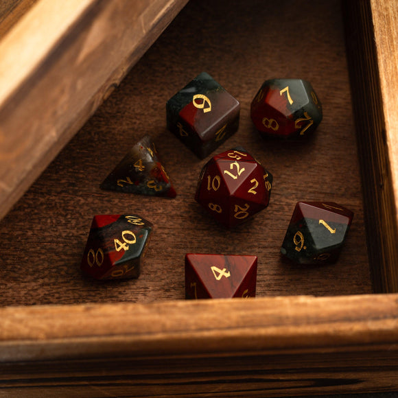 African Bloodstone Hand Carved Gemstone DND Dice Set - Bards & Cards
