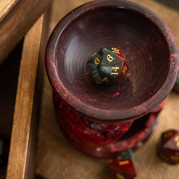 African Bloodstone Hand Carved Gemstone DND Dice Set - Bards & Cards
