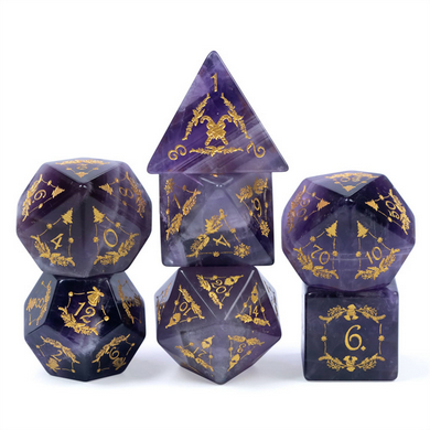 Amethyst with Embellishment - Gemstone Engraved with Gold RPG Dice Set - Bards & Cards