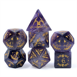 Amethyst with Embellishment - Gemstone Engraved with Gold RPG Dice Set - Bards & Cards
