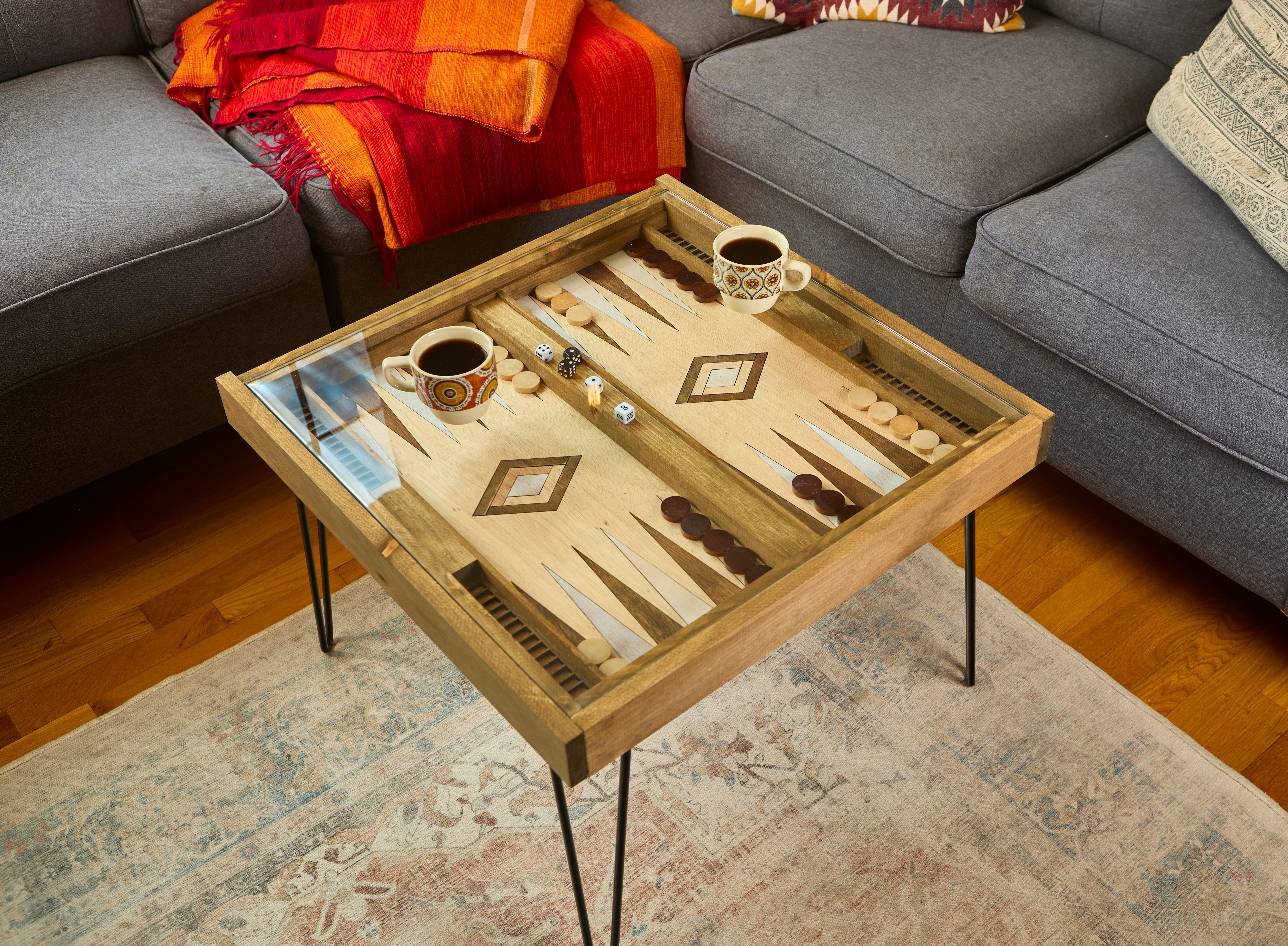 Rustic Backgammon Coffee Table with removable glass top - 25x25"