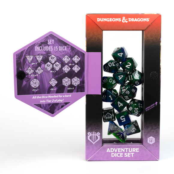 D&D Adventure Dice Set - Bard Edition | Blue/Green 15pc Collection - Bards & Cards