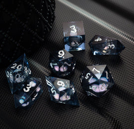 Black And Silver Glitter Liquid Core Handmade Resin DND Dice Set - Bards & Cards