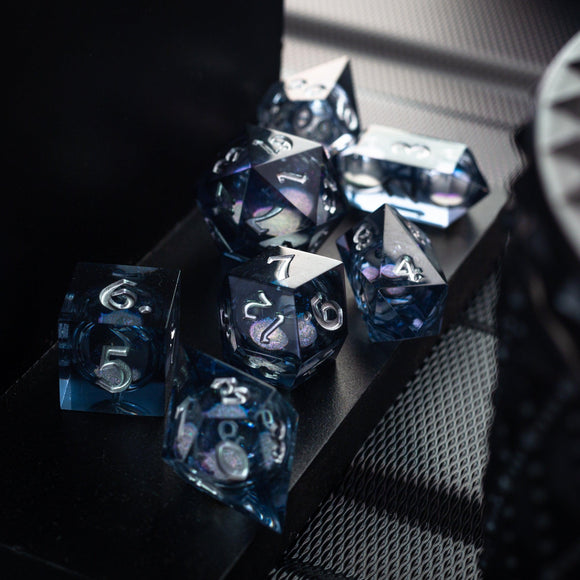 Black And Silver Glitter Liquid Core Handmade Resin DND Dice Set - Bards & Cards