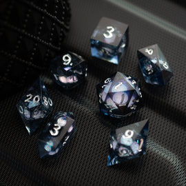 Black And Silver Glitter Liquid Core Handmade Resin DND Dice Set - Bards & Cards