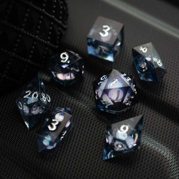 Black And Silver Glitter Liquid Core Handmade Resin DND Dice Set - Bards & Cards